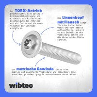Linsenkopfschrauben M3x40 Edelstahl A2 mit Flansch und Innensechsrund (TORX), Vollgewinde ISO 7380