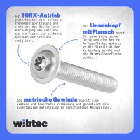 Linsenkopfschrauben M5x16 Edelstahl A2 mit Flansch und Innensechsrund (TX), Vollgewinde ISO 7380