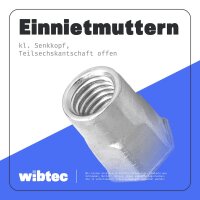 Einnietmuttern kl. Senkkopf, Teilsechskantschaft offen Edelstahl A2