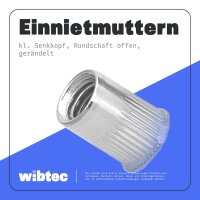 Einnietmuttern M6x14 kl. Senkkopf gerändelt offen Rundschaft Edelstahl A2 - Blindnietmutter