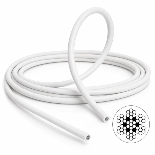 Drahtseil PVC ummantelt weiß 7x7 Edelstahl A4 - Kunststoffseil