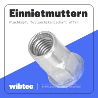 Flachkopf-Einnietmuttern, Teilsechskantschaft offen Edelstahl A2